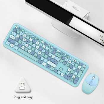 摩天人（Mofii）666ワイヤマウスセット円形可愛い家庭用オフィスワイヤレスタイプ少女心ノートの外にキーボードの青い色が混じっています。